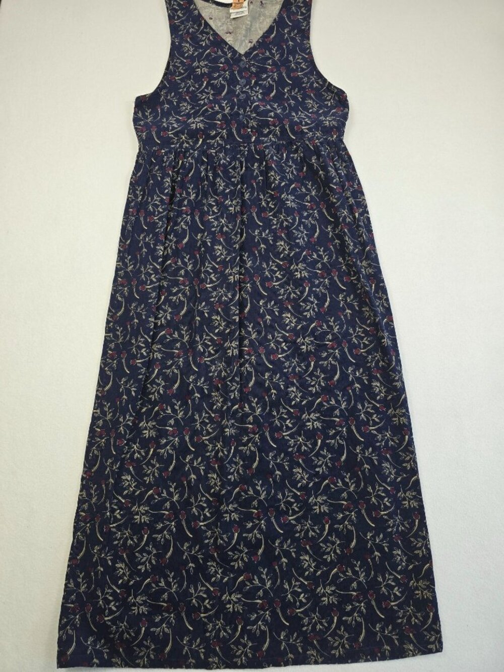 Vintage Bobbie Brooks S Corduroy Floral Maxi Dress 100% Cotton Navy Cottage Core